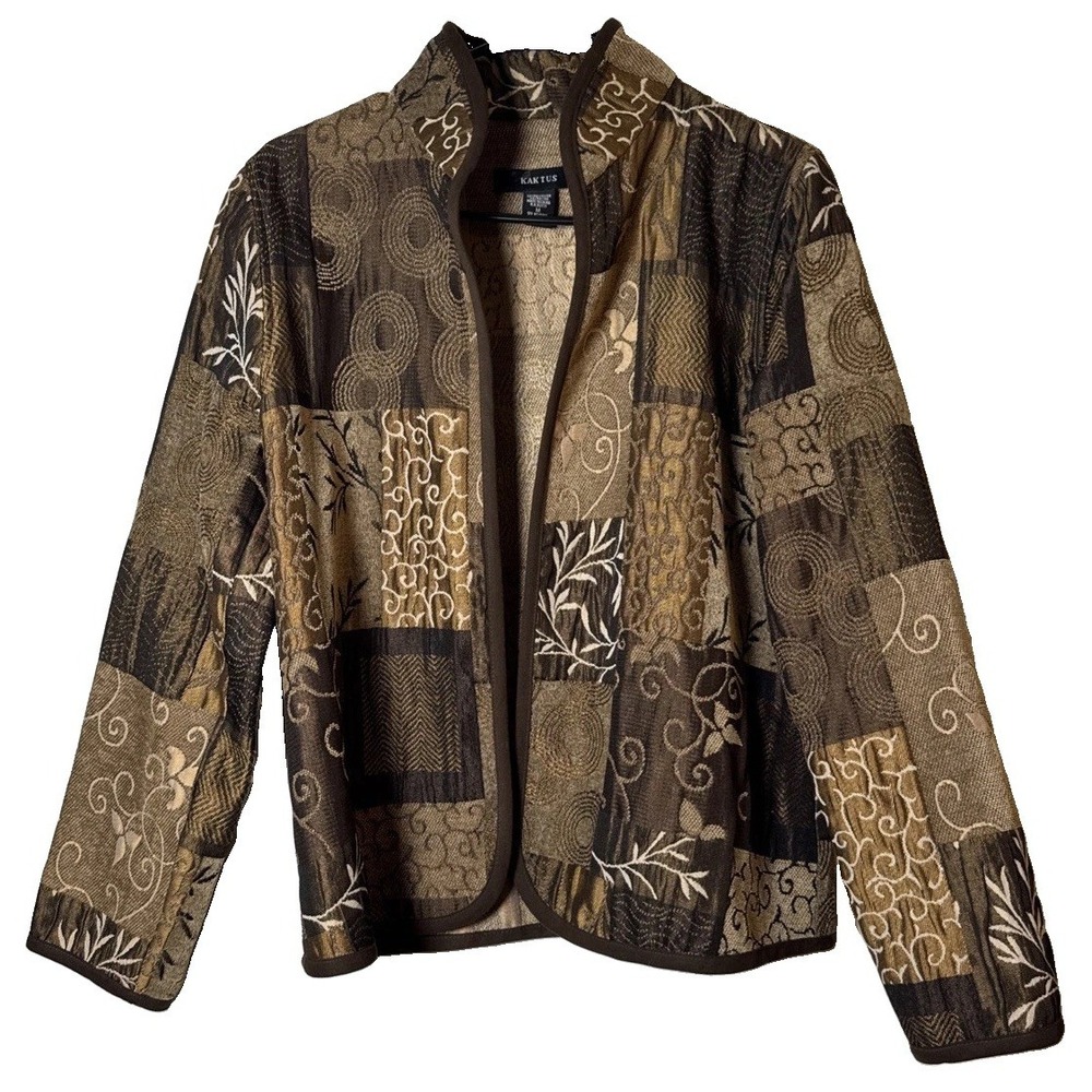 VTG 90s Kaktus Women's M Brown Tapestry Patchwork Jacket Boho Art Wear Open